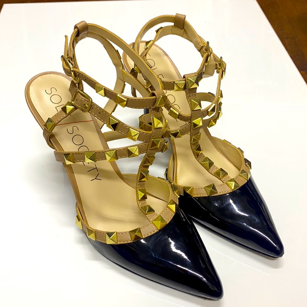 Sole Society T-Strap Dress Pumps Gold Studded